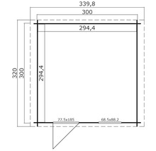 Grundrisszeichnung eines Gartenhauses mit Maßangaben