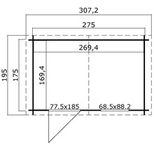Grundrisszeichnung eines Gartenhauses mit Maßangaben