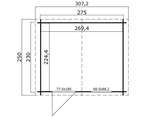 Grundrisszeichnung eines Gartenhauses mit Maßangaben.