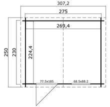 Grundrisszeichnung eines Gartenhauses mit Massangaben