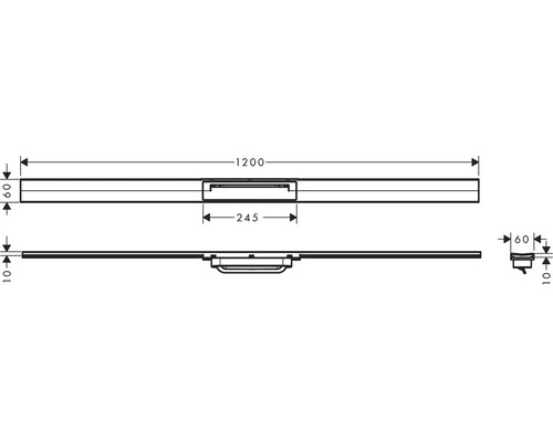 Technische Zeichnung einer Duschrinne mit Maßangaben.