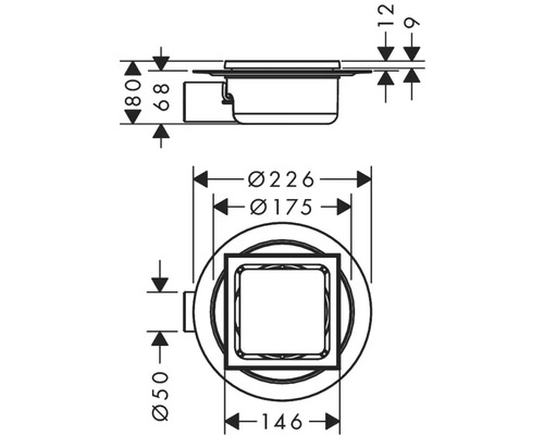 Schéma technique d''une bonde de sol avec indication des dimensions