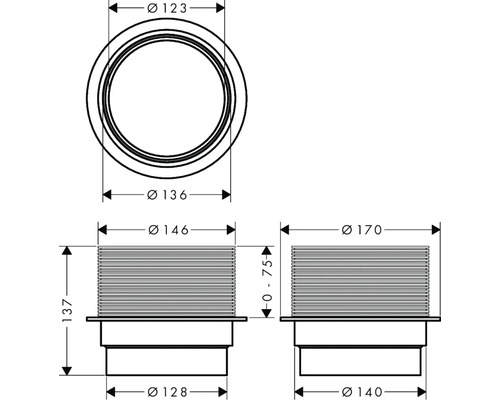 Technische Zeichnung eines Bodenablaufs mit Maßangaben