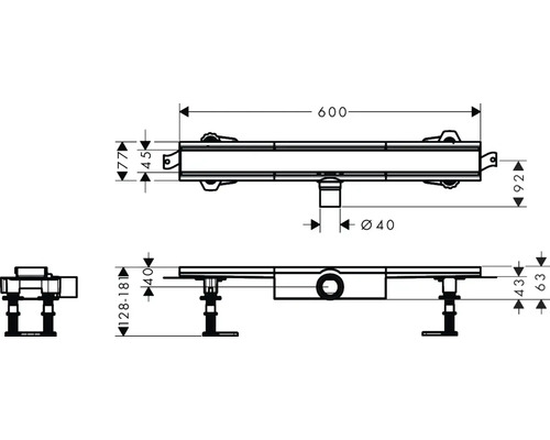 Schéma technique d''un caniveau de douche avec dimensions.