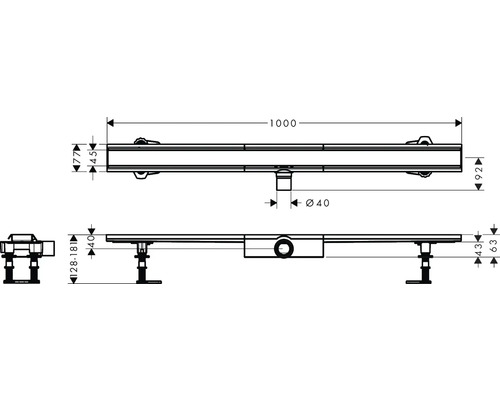 Schéma technique d''un caniveau de douche avec indications de dimensions.