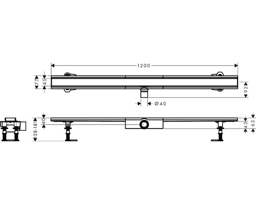 Dessin technique d''un caniveau de douche avec dimensions
