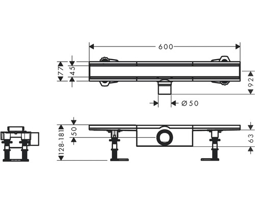Dessin technique d''un caniveau de douche avec dimensions.