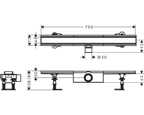 Schéma technique d''un caniveau de douche avec indications de dimensions.