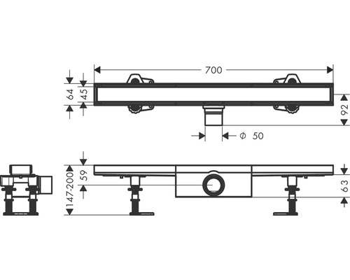Dessin technique d''un caniveau de douche avec indications de dimensions.