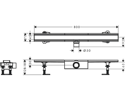 Dessin technique d''un caniveau de douche avec indications de dimensions