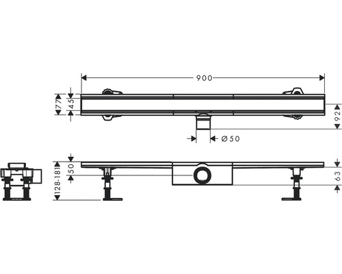 Dessin technique d''un caniveau de douche avec indications de dimensions