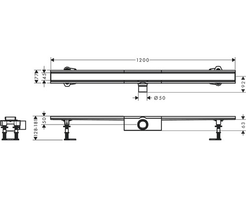 Schéma technique d''un caniveau de douche avec dimensions.