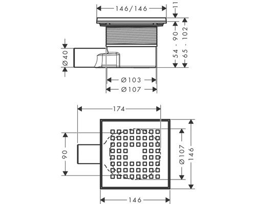 Dessin technique d''une évacuation de douche avec indications de mesure