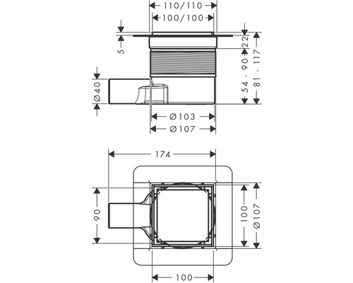 Schéma technique d''une bonde de sol avec dimensions.