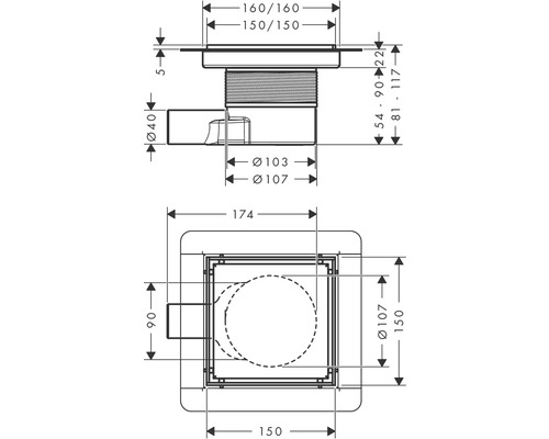 Dessin technique d''une bonde de sol avec indications de dimensions