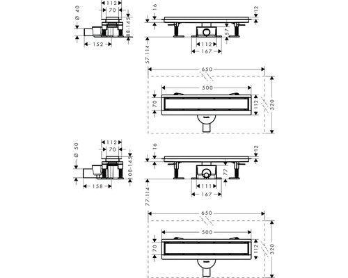 Schéma technique d''un siphon de douche avec indications de mesure