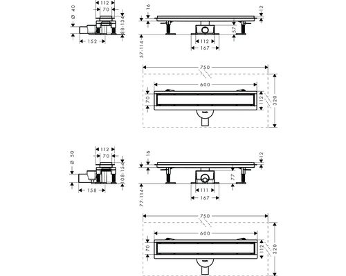 Schéma technique d''un caniveau de douche avec indication des dimensions