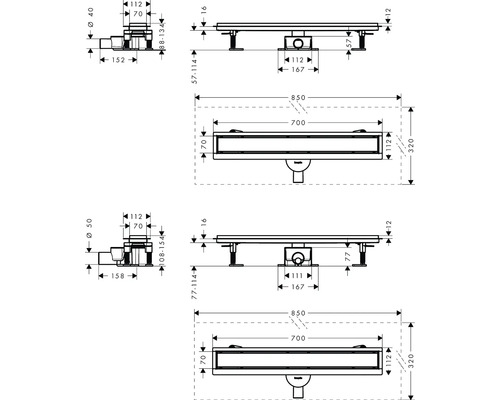 Schéma technique d''un caniveau de douche avec indications de dimensions