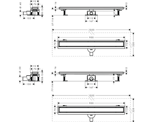 Dessin technique d''un caniveau de douche avec dimensions