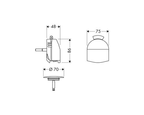 Schéma technique du bouchon de lavabo avec dimensions