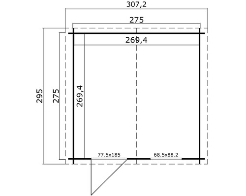 Grundrisszeichnung eines Gartenhauses mit Maßangaben.