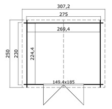 Zeichnung eines Gartenhauses mit Maßangaben