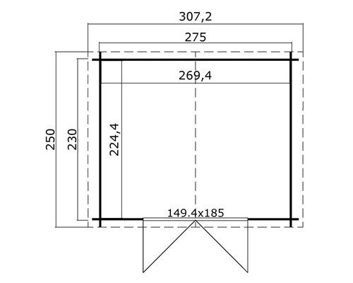 Technische Zeichnung eines Gartenhauses mit Maßangaben