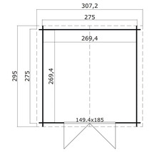 Dessin technique d''une cabane de jardin avec dimensions