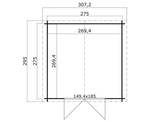 Technische Zeichnung eines Gerätehauses mit Maßangaben.