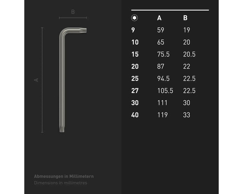 Abmessungen eines Torx-Winkelschraubendrehers und zugehörige Größentabelle.