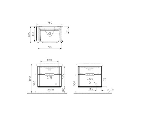 Technische Zeichnung eines Waschtischunterschranks mit Maßangaben.