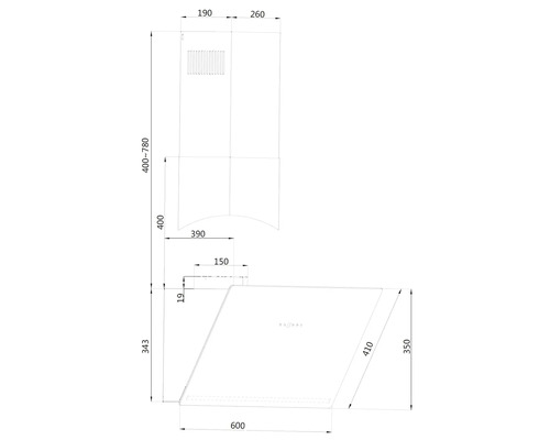 Technische Zeichnung einer Dunstabzugshaube mit Maßangaben