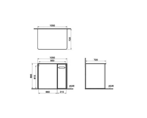 Technische Zeichnung eines Badezimmerschranks mit Maßen