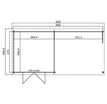 Grundrisszeichnung eines Gartenhauses mit Maßangaben.