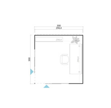 Grundriss eines Büros mit Schreibtisch, Stuhl und Pflanze mit den Maßen 300 mal 300 cm