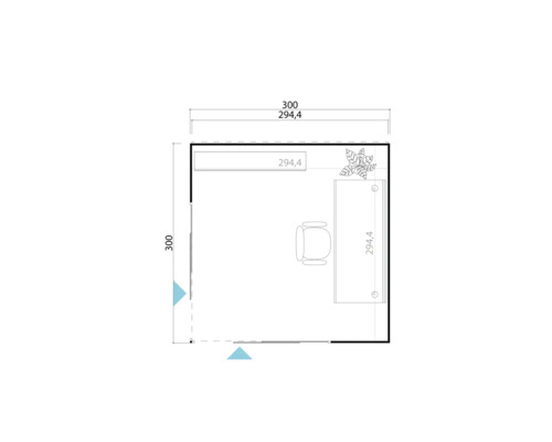 Grundriss eines Büros mit Möbeln und Maßangaben.