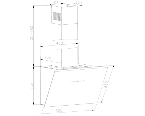 Technische Zeichnung einer Dunstabzugshaube mit Maßangaben