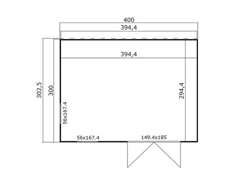 Skizze eines Gartenhauses mit Maßangaben
