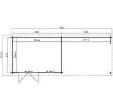 Grundriss eines Gartenhauses mit Maßangaben.