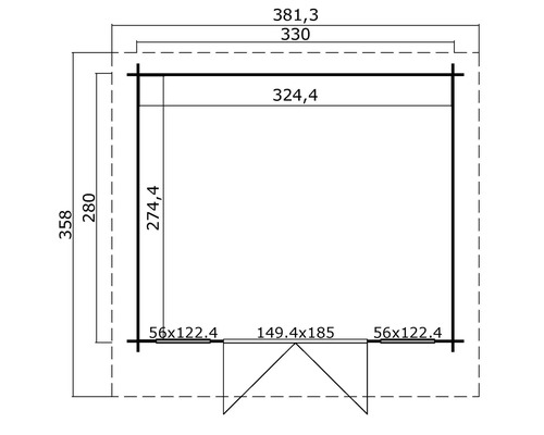 Grundrisszeichnung eines Gartenhauses mit Massangaben