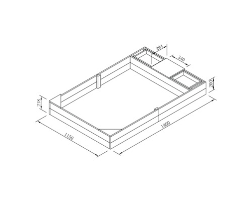 Technische Zeichnung vun engem Héichbett mat de Moossen 1800 x 1150 x 218 mm