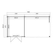 Grundrisszeichnung eines Gartenhauses mit Abmessungen