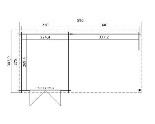 Grundrisszeichnung eines Gartenhauses mit Abmessungen