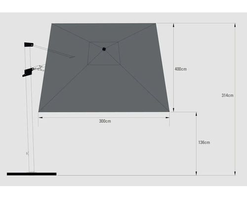 Maße eines Sonnenschirms: 400 cm x 300 cm Schirmfläche, 314 cm Höhe, 136 cm Höhe des Fußes.