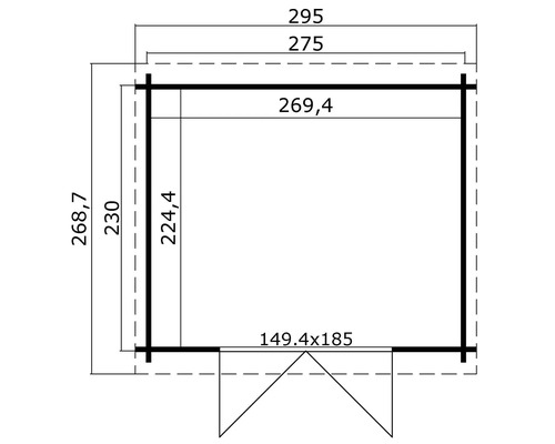 Technische Zeichnung eines Gartenhauses mit Maßangaben