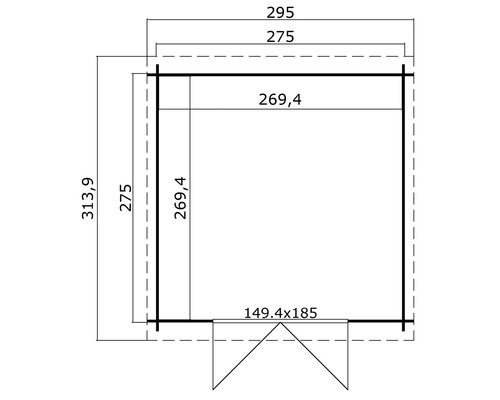 Grundrisszeichnung eines Gartenhauses mit Maßangaben.