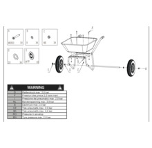 Vue éclatée d''une brouette avec instructions de montage et avertissement concernant la pression maximale des pneus de 2,0 bars