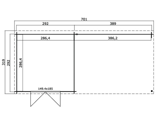 Grundrisszeichnung eines Gartenhauses mit Maßangaben.