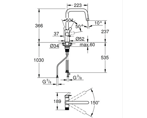 Technische Zeichnung einer Küchenarmatur mit Maßen