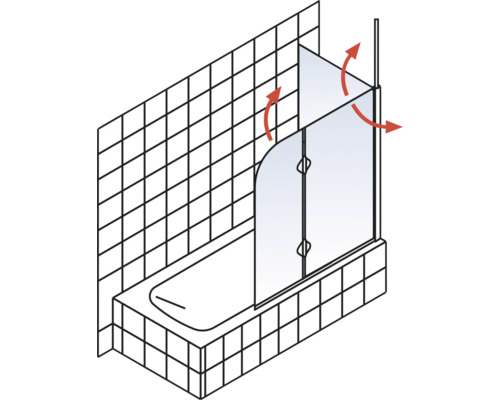 Illustration d''une baignoire avec pare-baignoire et flèches rouges indiquant la fonction de rotation du pare-baignoire.